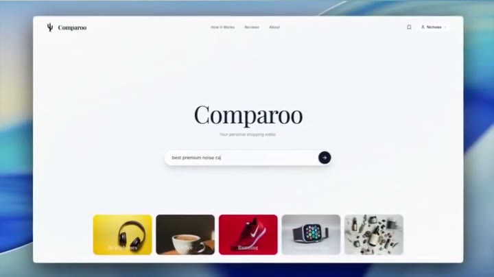 Comparoo demo still: the Comparoo home page with a search for premium noise-cancelling headphones.
